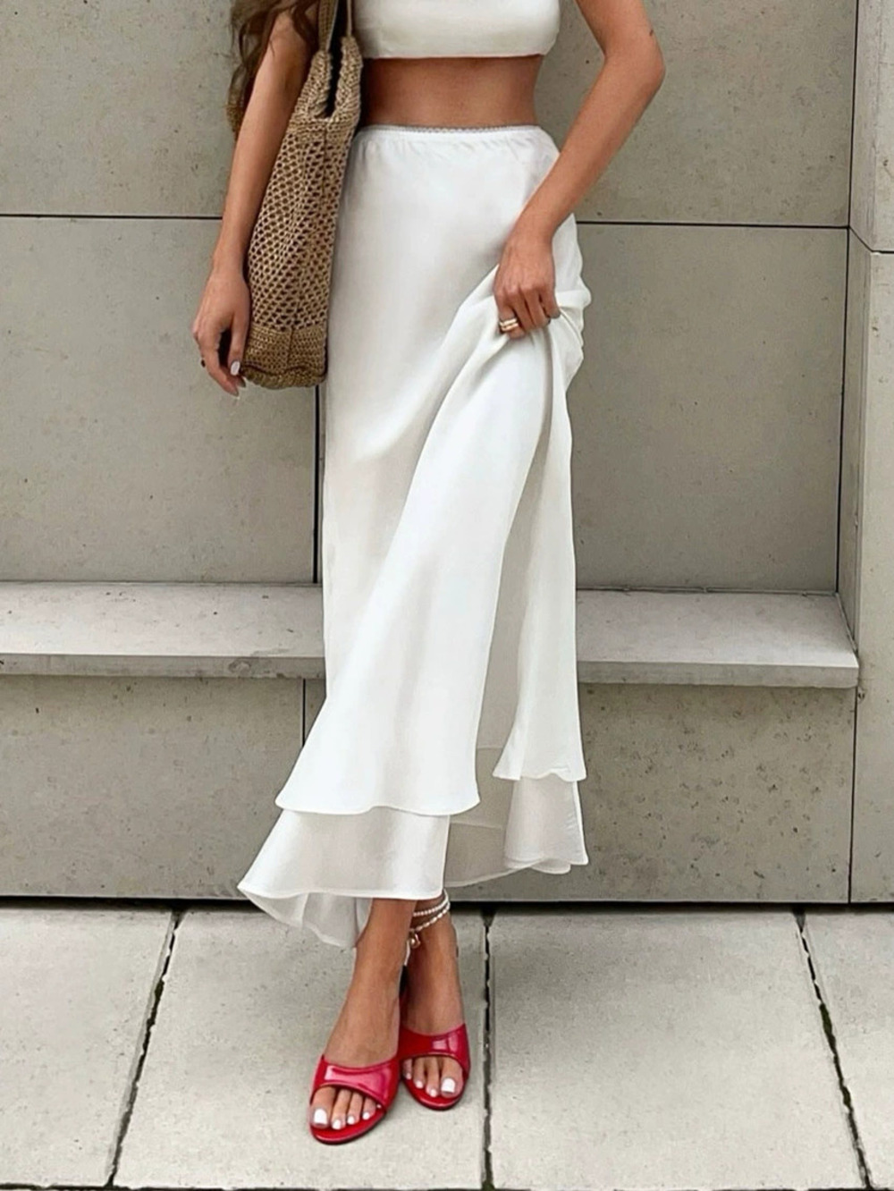 ZARA Spring Summer French Layered Lace Maxi Skirt Women Elegant Office Fashion